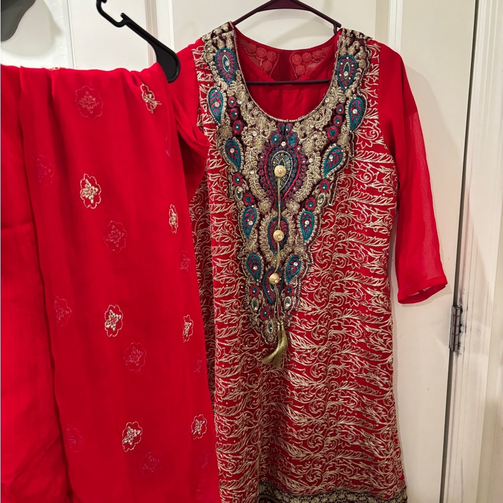 Red Embroidered Dress with Dupatta and Trousers 3 pc